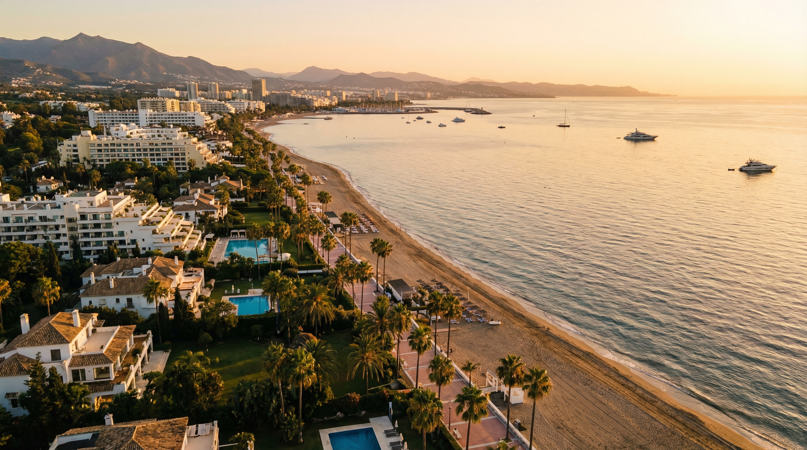 Aerial view of Marbella's Golden Mile coastline at sunset