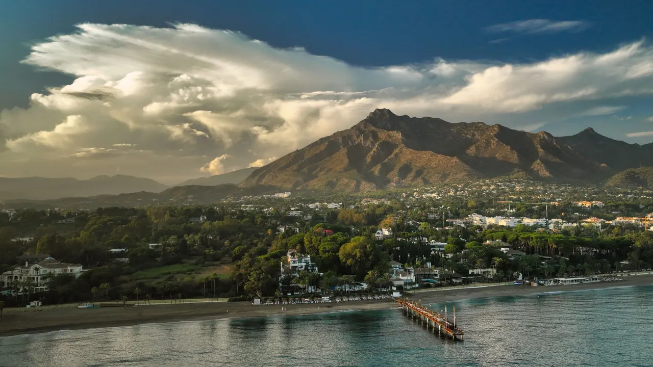 Aerial view of Marbella's Golden Mile coastline at sunset
